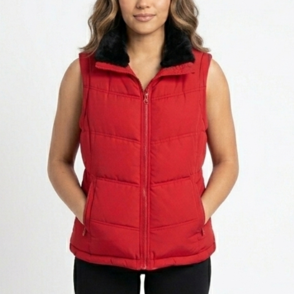 Duck Down Y2K Vest Large Charter Club Red Fur Collar Mob Wife Old Money